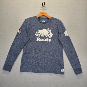 Roots Cooper Beaver Heathered Blue Shirt Logos Canada Vancouver EUC Size S/P